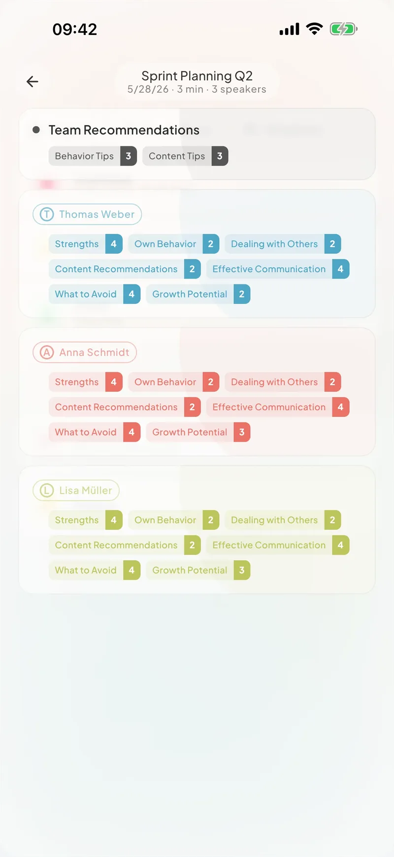 Per-speaker coaching recommendations with quotes